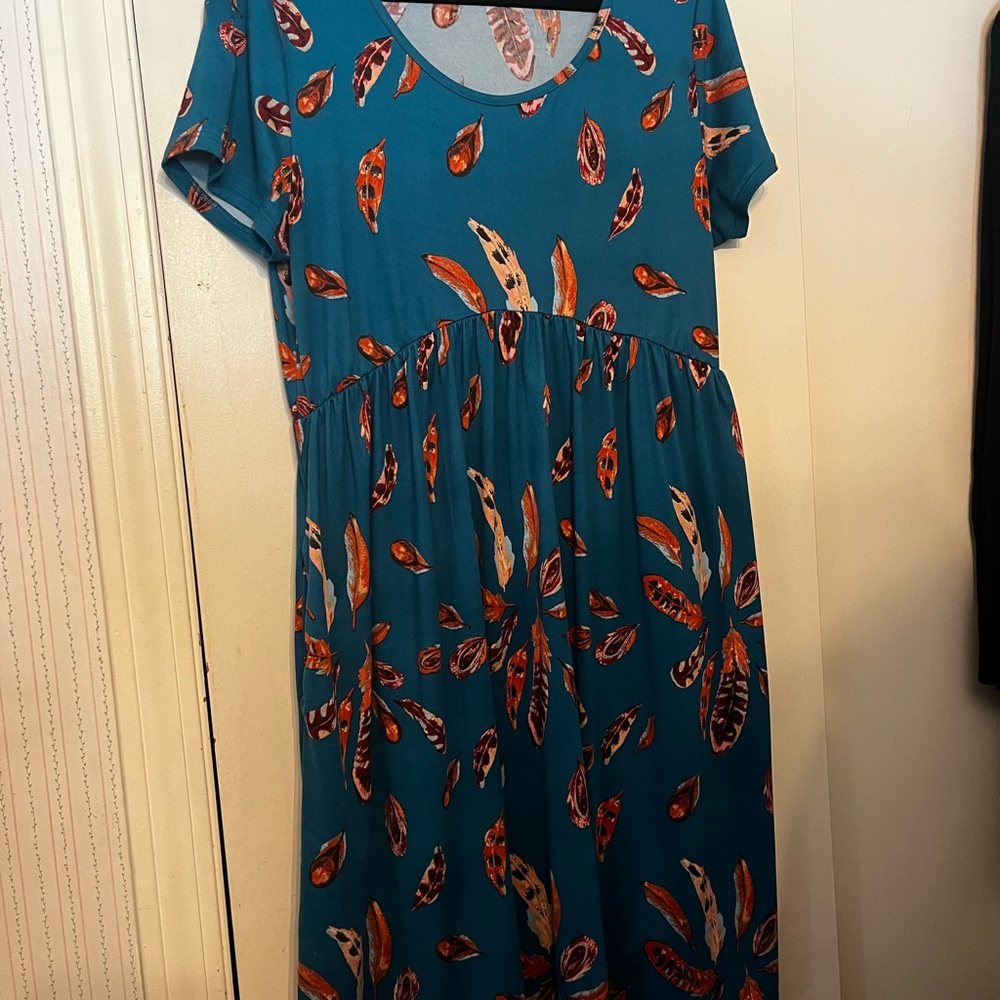 Teal Feather Print High Low Dress